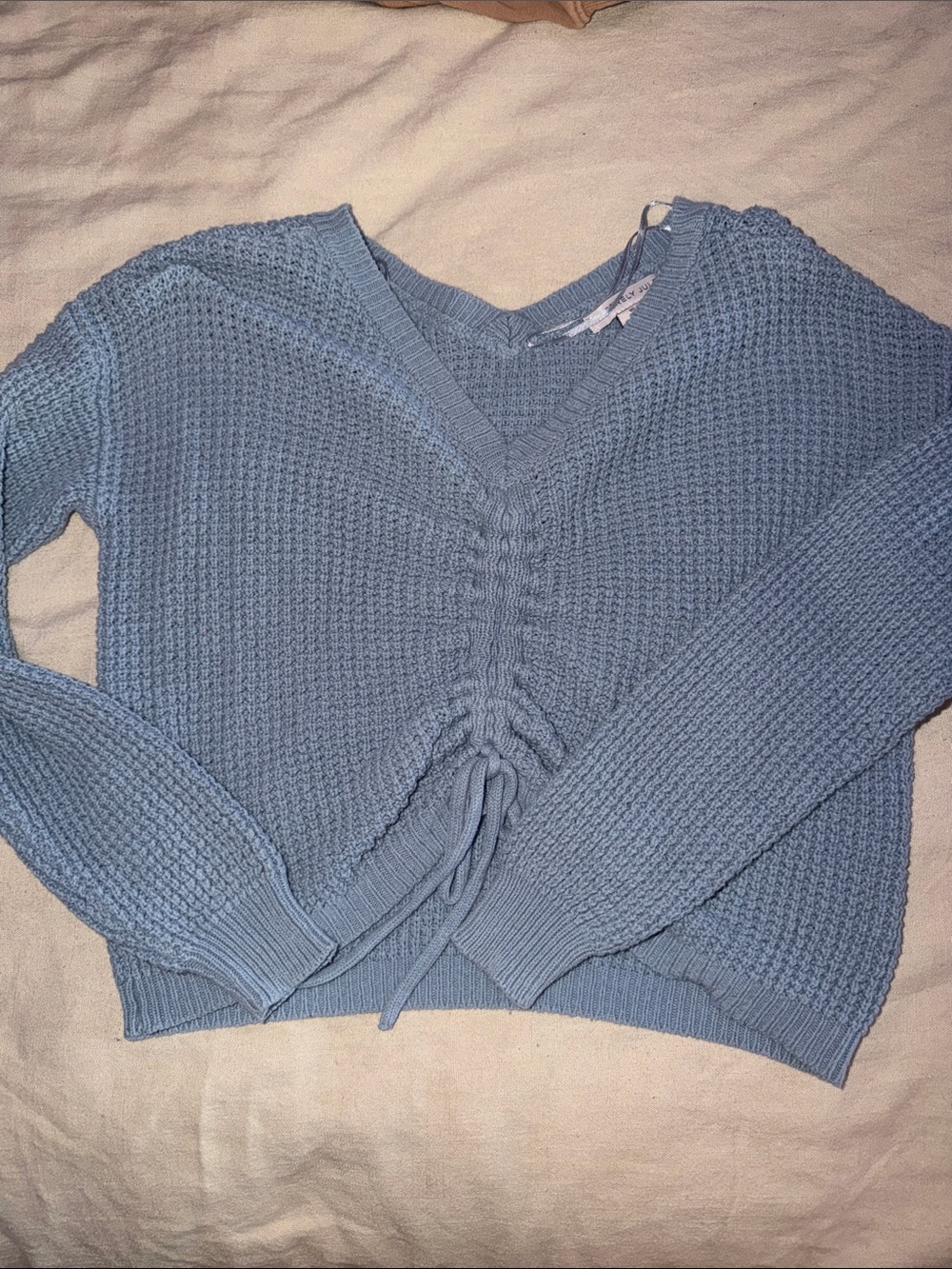 Sincerely Jules Powder Blue V-Neck Ruched Tie-Front Sweater